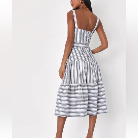 NWOT Lulus Montauk Memories Blue and White Strip Midi Dress with Pockets - Large - Picture 2 of 14